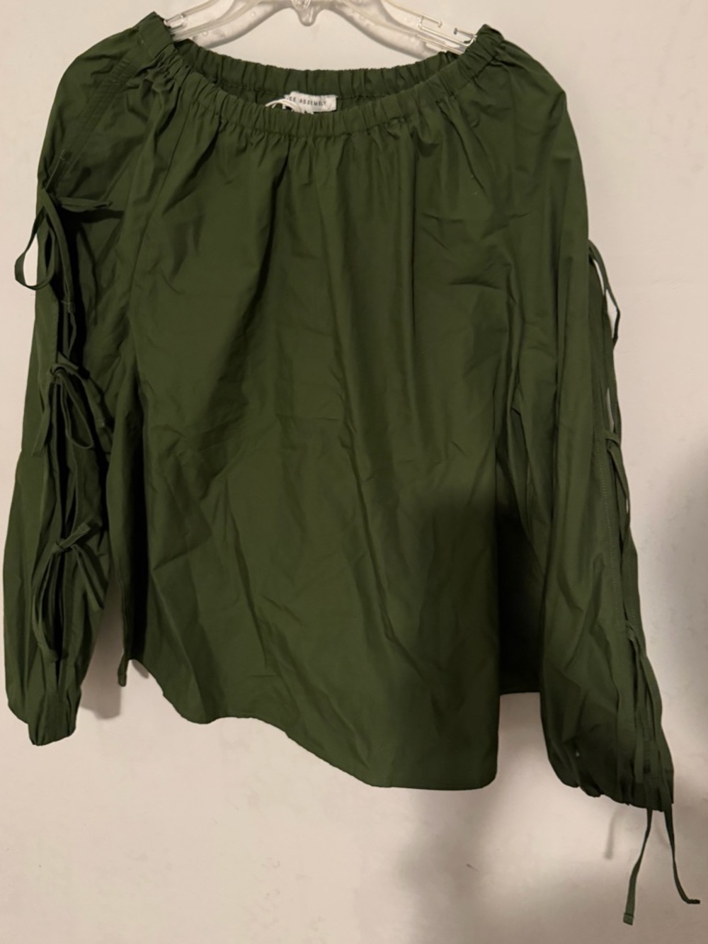 Elastic-Neck Olive Green Tie-Sleeve Women's Blouse